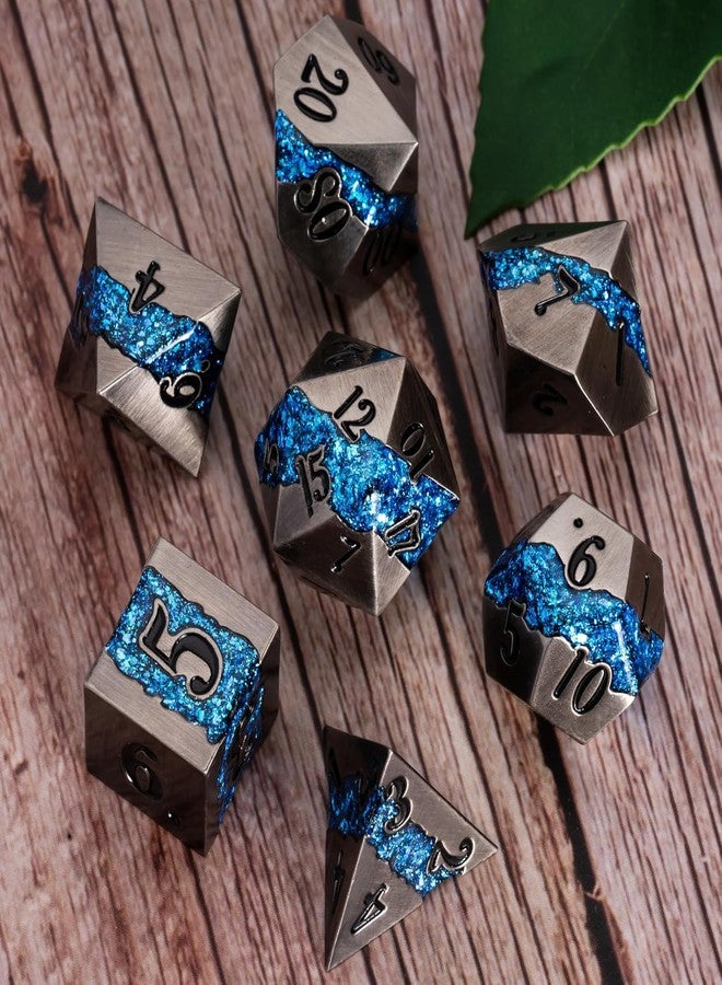 Maywin Metal DND Polyhedral Dice,Large Stripe Glitter Metallic Dice Set,Antique Silver Dice 7pcs Set for Role Playing Games - Image 2